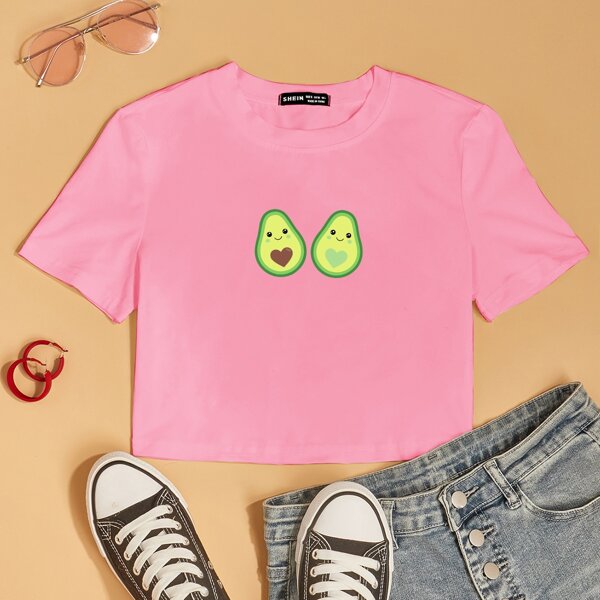 

Cartoon Avocado Print Tee, Baby pink