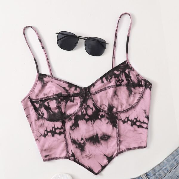 

Asymmetrical Hem Seam Front Tie Dye Cami Top, Pink