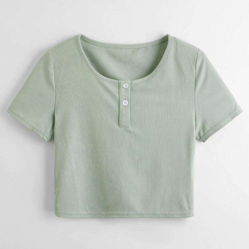 

Solid Button Ribbed Tee, Mint green