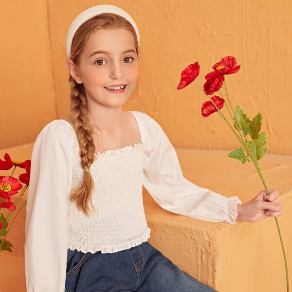

Girls Solid Shirred Frill Trim Blouse, White