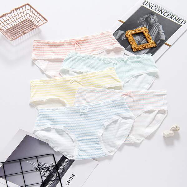 

Girls 5 Pack Striped Lace Insert Brief, Multicolor