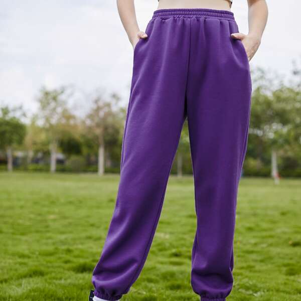 

Solid Slant Pocket Sweatpants, Purple