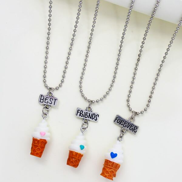 

3pcs Ice Cream Charm Necklace, Multicolor