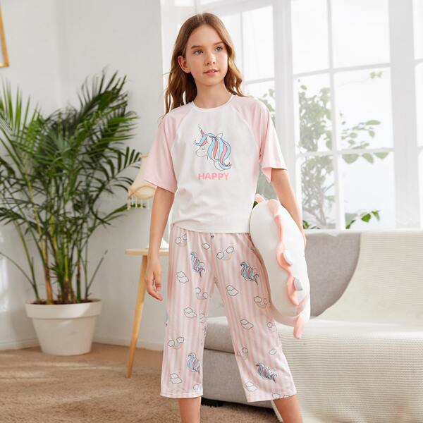 

для девочек контрастный с рукавом-реглан с принтом единорога Топ & Брюки Пижама, Многоцветный