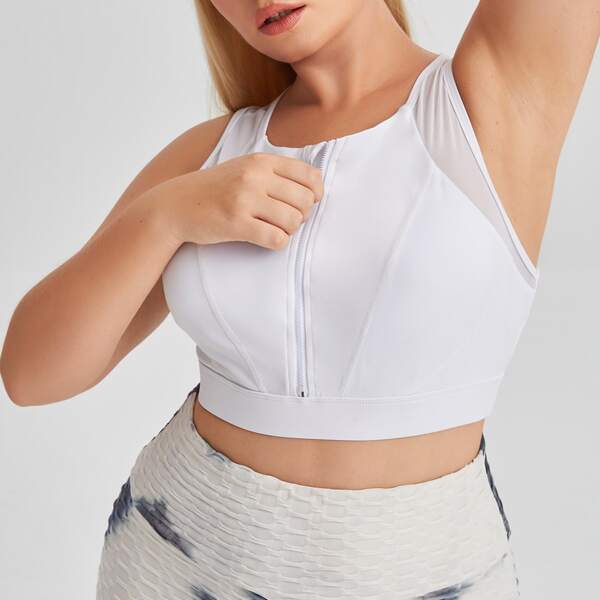 

Plus Solid Zip Up Sports Bra, White