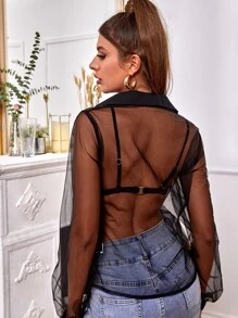 SHEIN Sheer Mesh Button Up Shirt Without Bra - Black - View 2