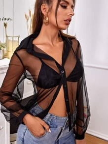 SHEIN Sheer Mesh Button Up Shirt Without Bra - Black - View 3