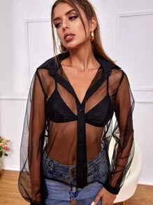 SHEIN Sheer Mesh Button Up Shirt Without Bra - Black - View 4
