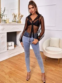 SHEIN Sheer Mesh Button Up Shirt Without Bra - Black - View 5