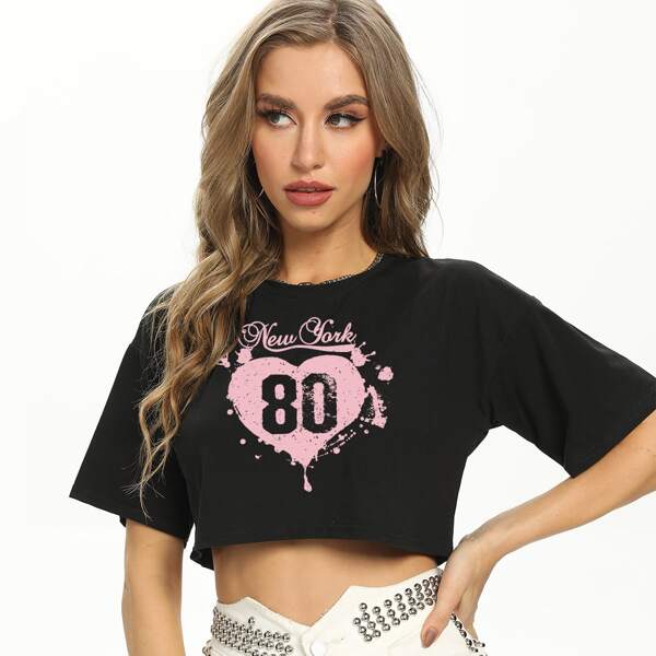 

Letter & Heart Crop Tee, Black