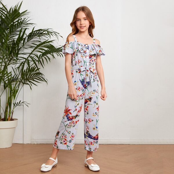 

Girls Bird and Striped Print Cold Shoulder Ruffle Detail Belted Jumpsuit, Blue