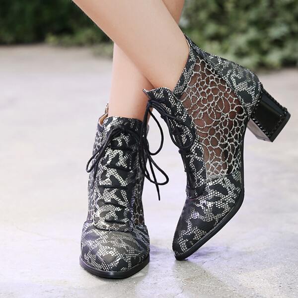 

Allover Graphic Mesh Panel Chunky Sandals Boots, Black