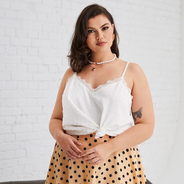 

Plus Lace Trim Swiss Dot Cami Top, White