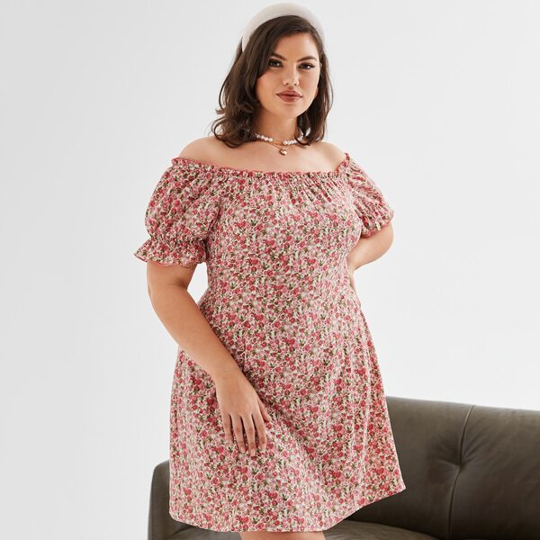 

Plus Off Shoulder Ditsy Floral Dress, Multicolor
