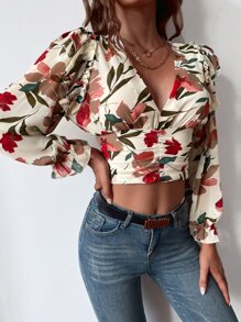 GENKIRA 印花荷葉邊袖短版襯衫 - 彩色 - 查看 3