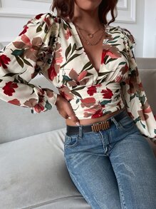 GENKIRA 印花荷葉邊袖短版襯衫 - 彩色 - 查看 4