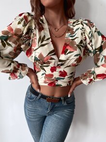 GENKIRA 印花荷葉邊袖短版襯衫 - 彩色 - 查看 5