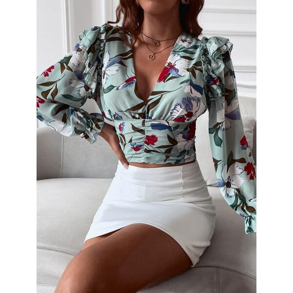 

Floral Print Ruffle Trim Crop Blouse, Multicolor