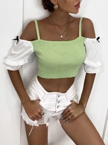 GENKIRA Contrast Sleeve Cold Shoulder Knit Top - Lime Green - View 1