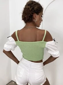 GENKIRA Contrast Sleeve Cold Shoulder Knit Top - Lime Green - View 2