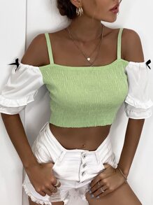 GENKIRA Contrast Sleeve Cold Shoulder Knit Top - Lime Green - View 3