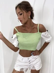 GENKIRA Contrast Sleeve Cold Shoulder Knit Top - Lime Green - View 5