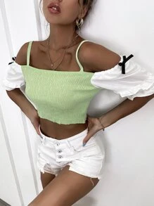 GENKIRA Contrast Sleeve Cold Shoulder Knit Top - Lime Green - View 6