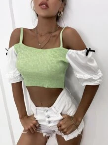 GENKIRA Contrast Sleeve Cold Shoulder Knit Top - Lime Green - View 7