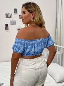 SHEIN Unity 大碼一字肩褶邊打褶短款襯衫 - 淺藍色 - 查看 2