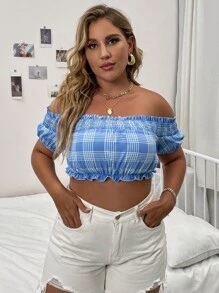 SHEIN Unity 大碼一字肩褶邊打褶短款襯衫 - 淺藍色 - 查看 5