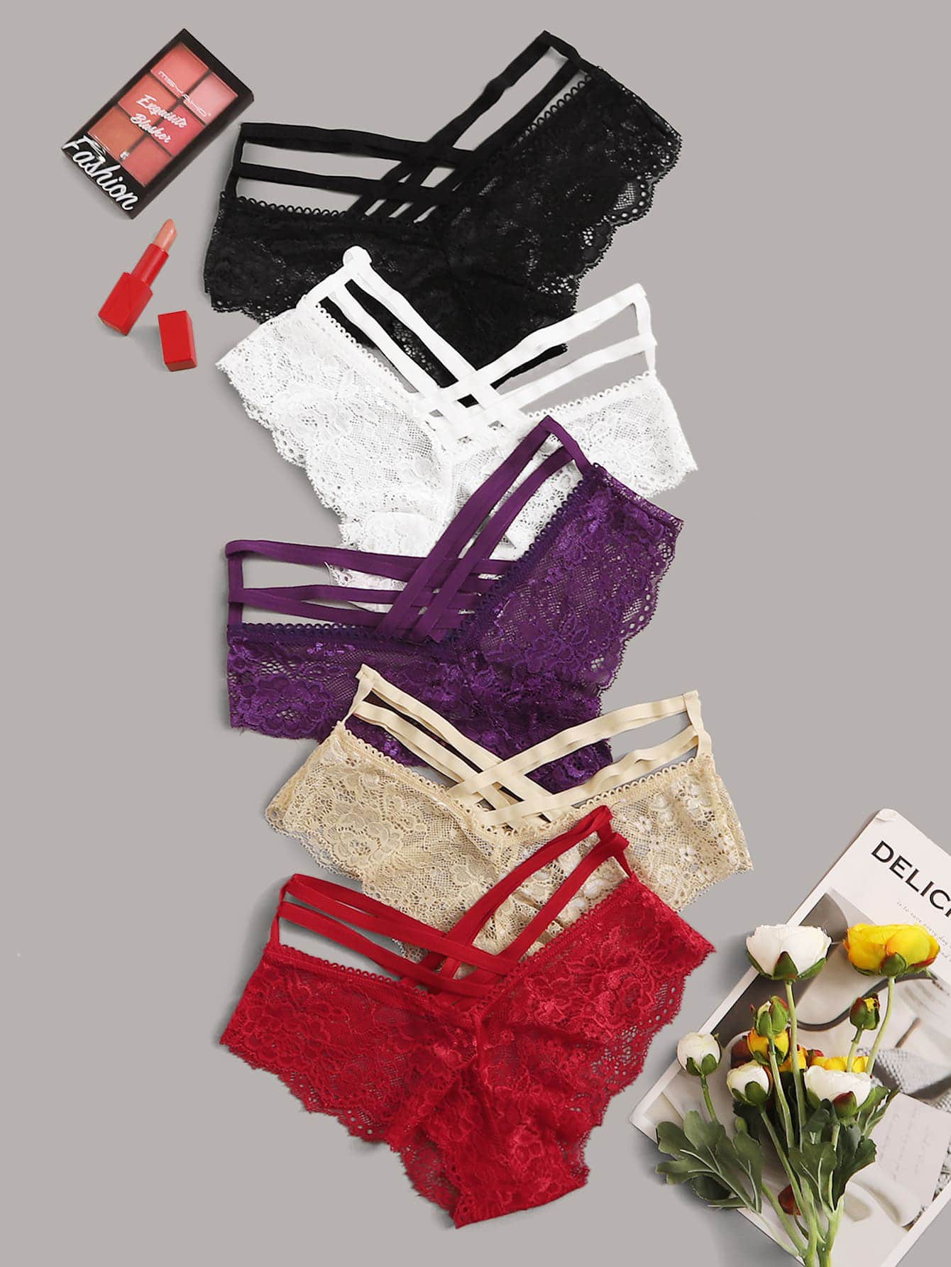 5pack Floral Lace Panty Set Lingerie - Multicolor - View 1