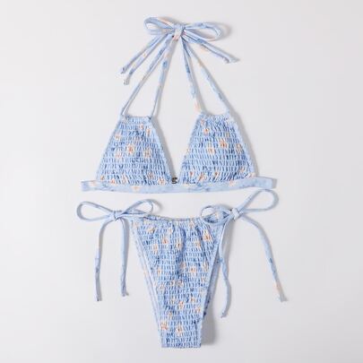 Floral Random Print Smocked Bikini Swimsuit