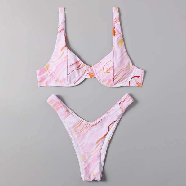 

Wave Print Underwire Bikini Swimsuit, Multicolor