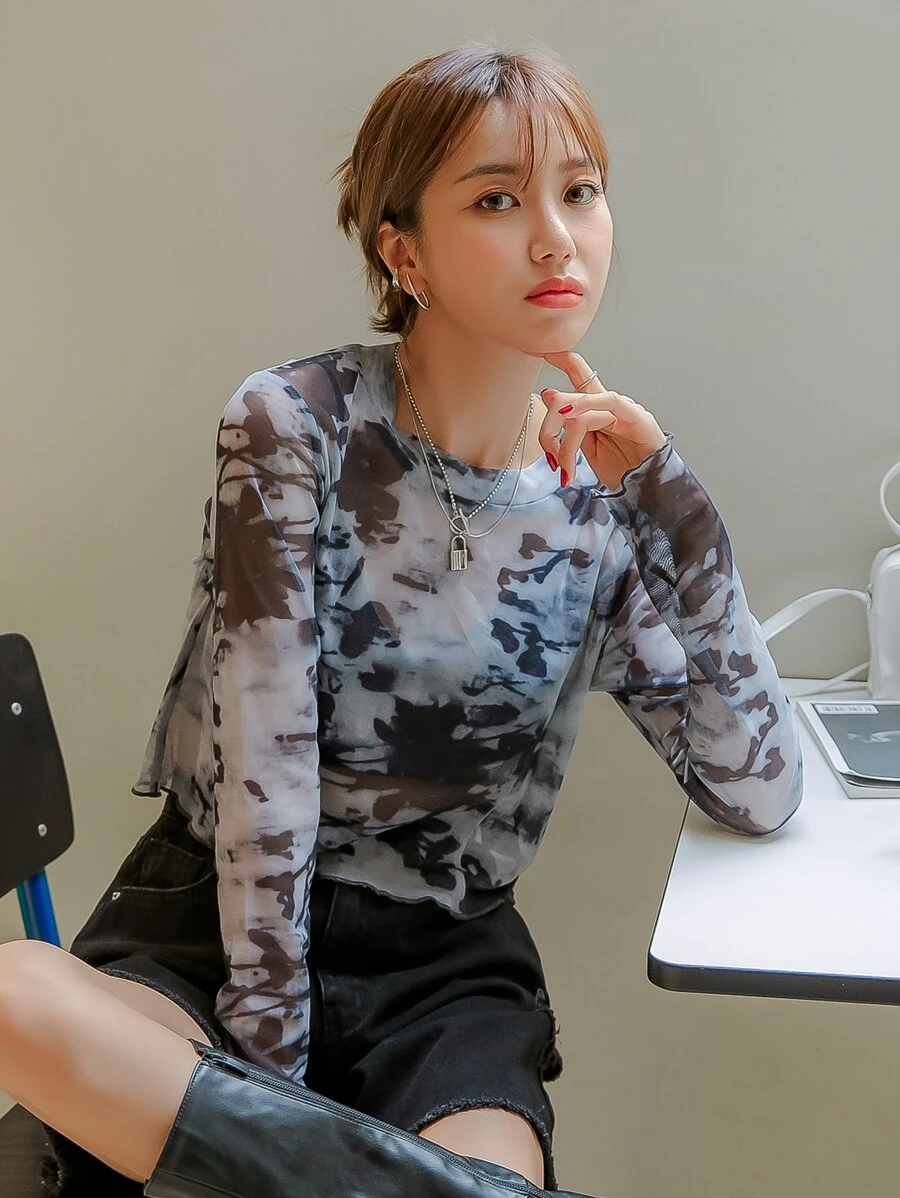 DAZY Sheer Lettuce Trim Mesh Top - Multicolor - View 1