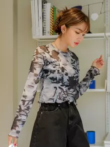 DAZY Sheer Lettuce Trim Mesh Top - Multicolor - View 4