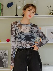 DAZY Sheer Lettuce Trim Mesh Top - Multicolor - View 5