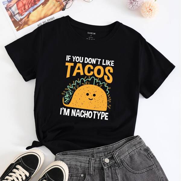 

Cartoon & Slogan Graphic Tee, Black