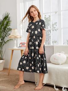 SHEIN 女孩花卉和波卡圓點圖案荷葉邊下擺睡衣