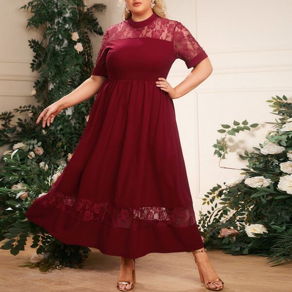

Plus Lace Insert Flare Hem Dress, Burgundy