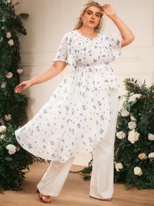 Mulvari Plus Ditsy Floral Asymmetrical Hem Shirred Top - White - View 1