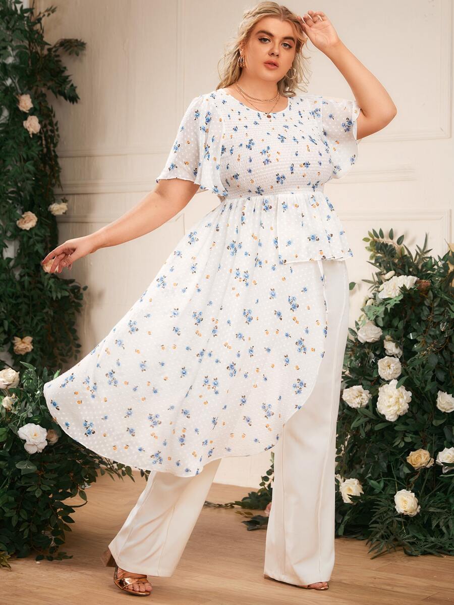 Mulvari Plus Ditsy Floral Asymmetrical Hem Shirred Top - White - View 1