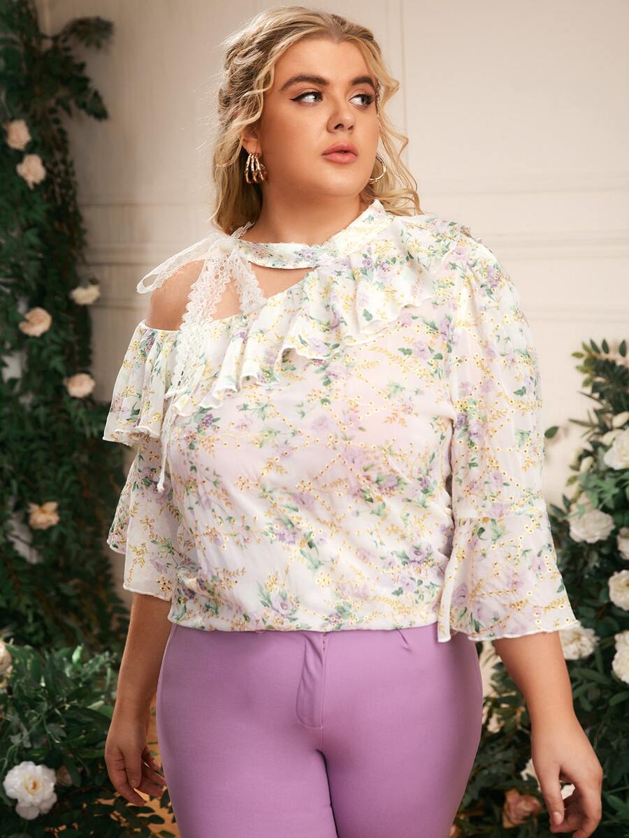 SHEIN Plus Asymmetrical Shoulder Ruffle Detail Allover Floral Print Schiffy Top - Multicolor - View 1