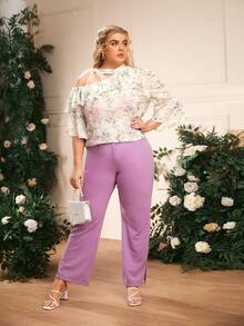 SHEIN Plus Asymmetrical Shoulder Ruffle Detail Allover Floral Print Schiffy Top - Multicolor - View 5