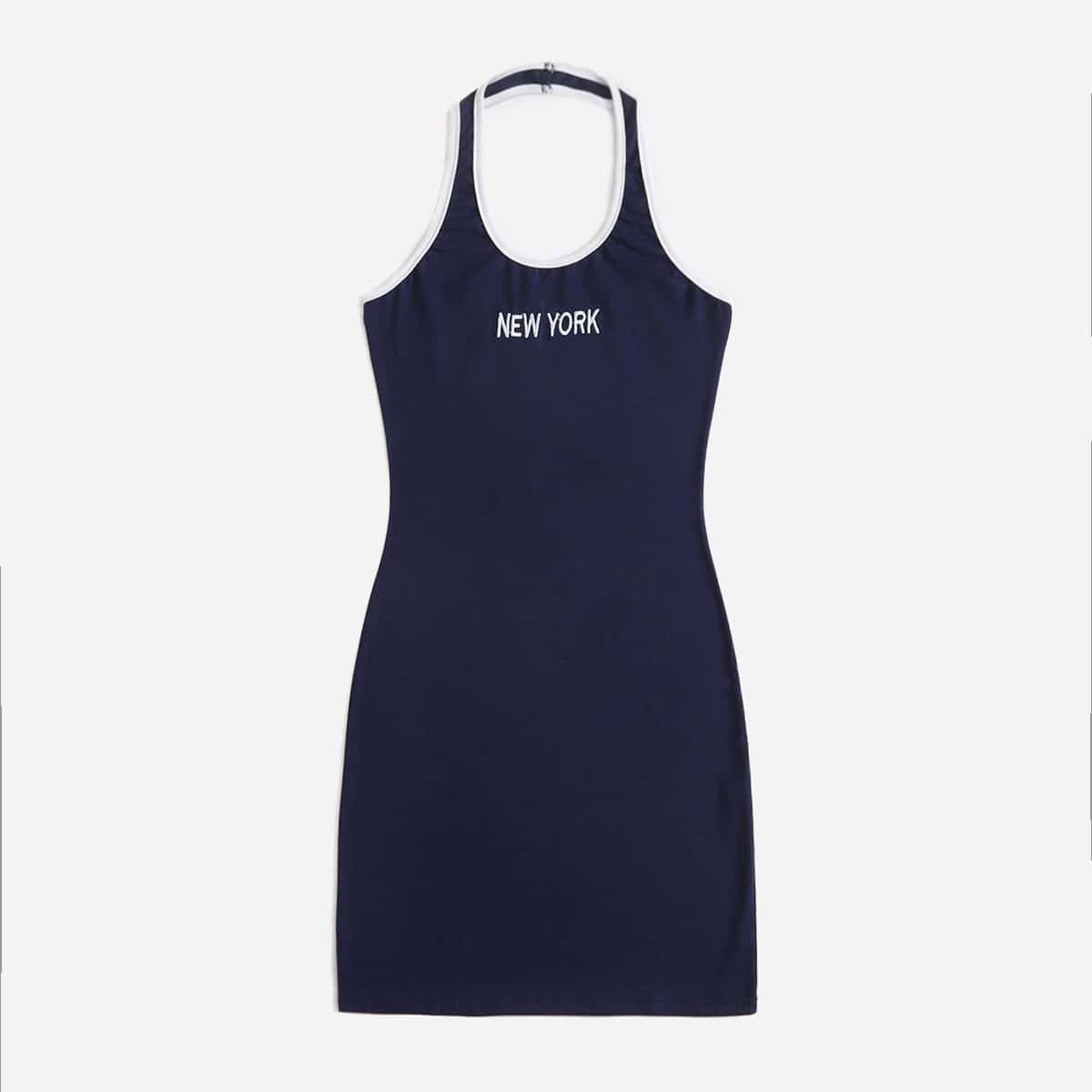 

Letter Embroidery Ringer Halter Dress, Navy blue