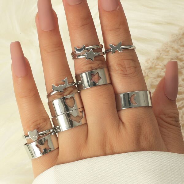 

10pcs Heart Decor Ring, Silver