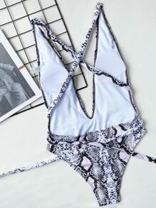 Snakeskin Print Plunging One-Piece Swimsuit, For Summer Beach Vacation - Multicolor - View 2
