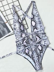 Snakeskin Print Plunging One-Piece Swimsuit, For Summer Beach Vacation - Multicolor - View 3