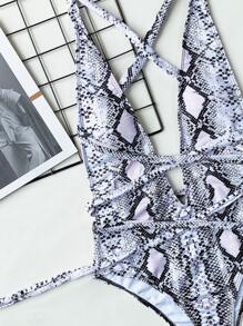 Snakeskin Print Plunging One-Piece Swimsuit, For Summer Beach Vacation - Multicolor - View 4