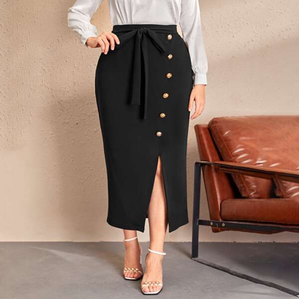 

Plus Button Front Pencil Skirt, Black