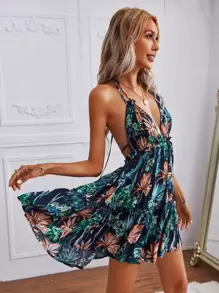 SHEIN VCAY Plunge Neck Tied Open Back Tropical Dress - Navy Blue - View 3